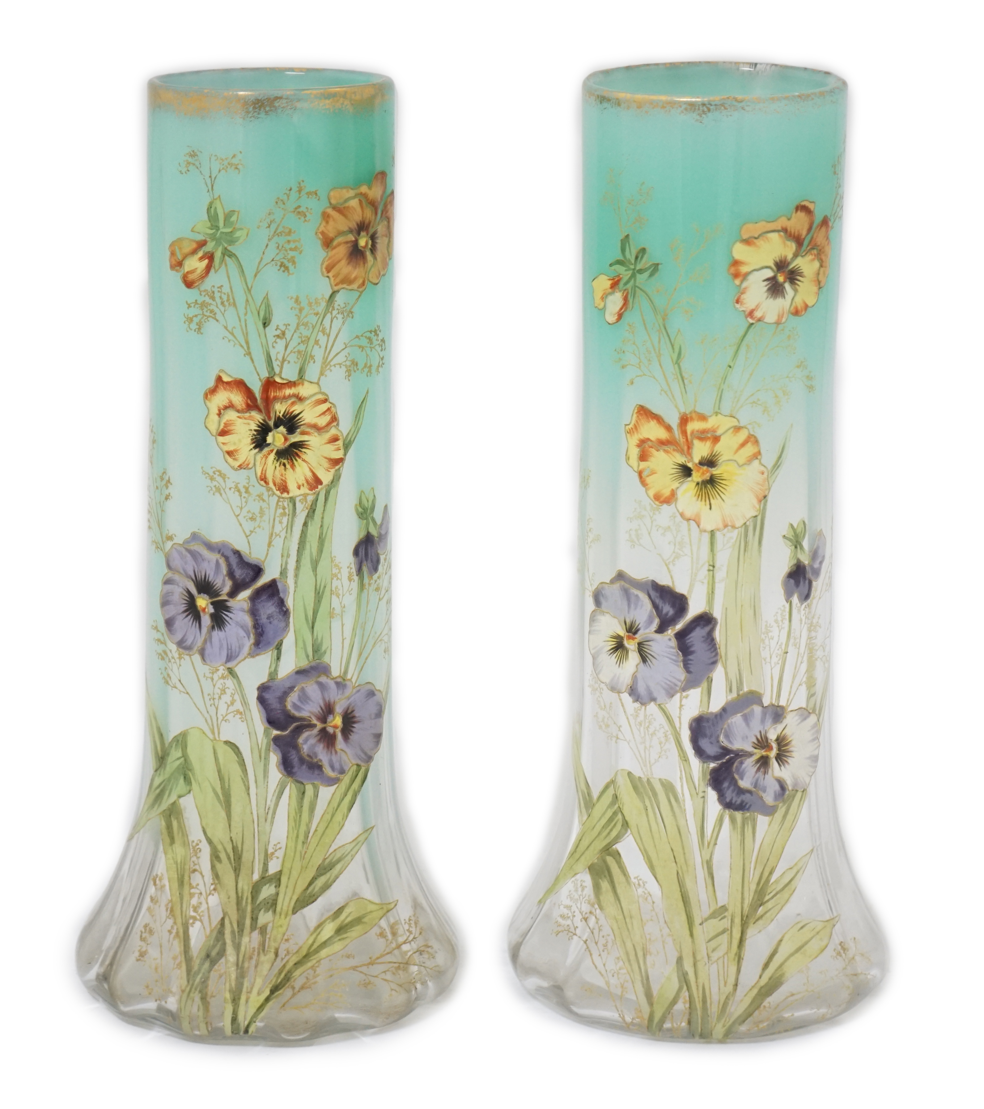 A pair of Bohemian ‘pansy’ enamelled glass vases, Moser, late 19th century, 29.8cm